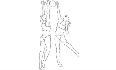 Women's beach volleyball. Women in swimsuits. Volleyball players block in a jump. Female athlete. One continuous line. Line art. Minimum one line. White background. One line drawing.