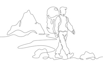 A tourist walks in the mountains. Travel. Mountain climbing .Tourist with a backpack.One continuous line. Line art. Minimum one line. White background. One line drawing.