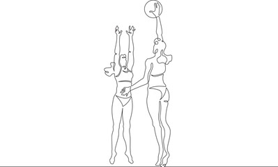 Women's beach volleyball. Women in swimsuits. Volleyball players block in a jump. Female athlete. One continuous line. Line art. Minimum one line. White background. One line drawing.