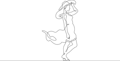 Woman on the beach in a big hat. Girl in a summer cape on the seashore.One continuous line. Line art. Minimum one line. White background. One line drawing.