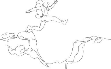 Tourist jumping over the abyss. Jump in the mountains. Mountain climbing .Tourist with a backpack.One continuous line. Line art. Minimum one line. White background. One line drawing.