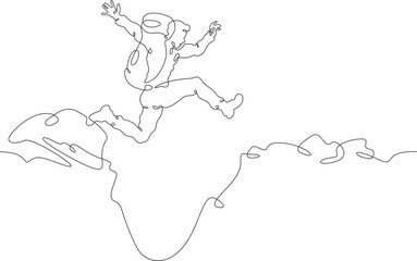 Tourist jumping over the abyss. Jump in the mountains. Mountain climbing .Tourist with a backpack.One continuous line. Line art. Minimum one line. White background. One line drawing.