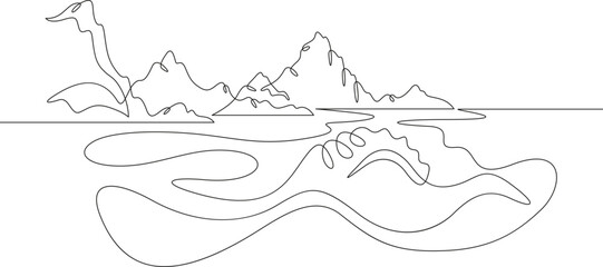 Mystical island. Mysterious seashore. Beautiful seascape.One continuous line. Line art. Minimum one line. White background. One line drawing.