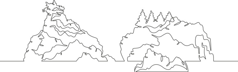 Mysterious islands on the lake. Trees on top of a cliff. Sea Island. Landscape.One continuous line. Line art. Minimum one line. White background. One line drawing.