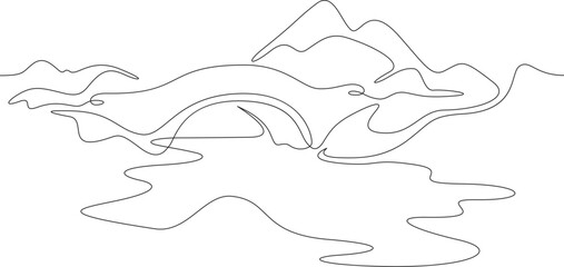 Obraz premium Old across the river. Crossing the lake. Stone bridge on the pond. Water landscape. One continuous line. Line art. Minimum one line. White background. One line drawing.