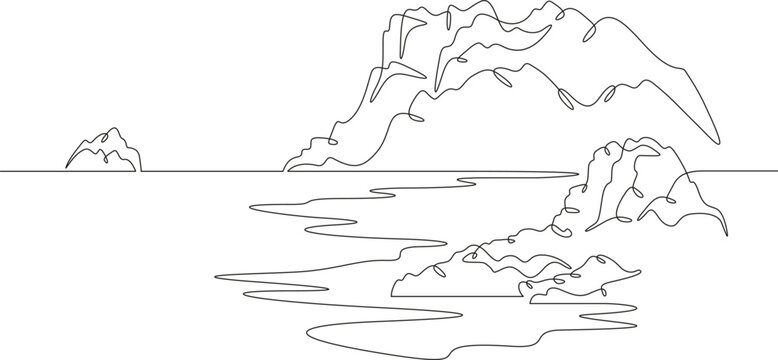 Mystical island. Mysterious seashore. Beautiful seascape.One continuous line. Line art. Minimum one line. White background. One line drawing.