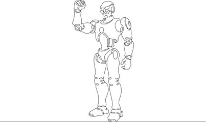 Robot with raised arm. Clenched fist of mechanical man. Robot android gesture of victory and fight. One continuous line. Line art. Minimum one line. White background. One line drawing.