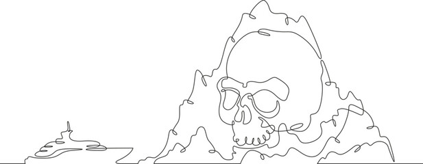 Rock in the shape of a skull. Yacht near the sea cliff. Ship. Skull.Mountain seascape.One continuous line. Line art. Minimum one line. White background. One line drawing.