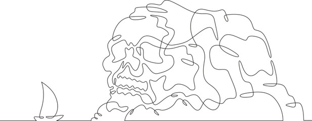 Rock in the shape of a skull. Yacht near the sea cliff. Ship. Skull.Mountain seascape.One continuous line. Line art. Minimum one line. White background. One line drawing.