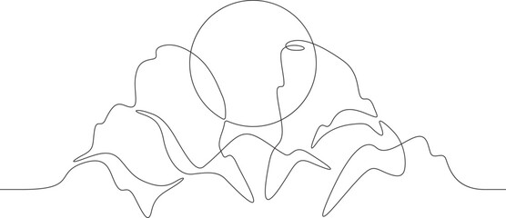 High mountains. Sunrise and sunset. Mountain landscape. Sun in the mountains. Nature logo.One continuous line. Line art. Minimum one line. White background. One line drawing.