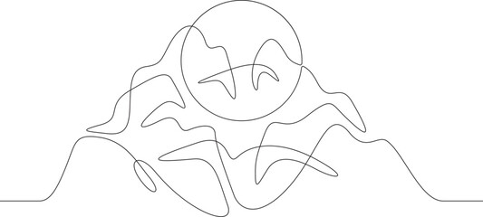 High mountains. Sunrise and sunset. Mountain landscape. Sun in the mountains. Nature logo.One continuous line. Line art. Minimum one line. White background. One line drawing.
