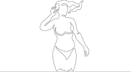 Beautiful woman standing in water. Girl in swimsuit entering sea. Vacation at resort.One continuous line. Line art. Minimum one line. White background. One line drawing.