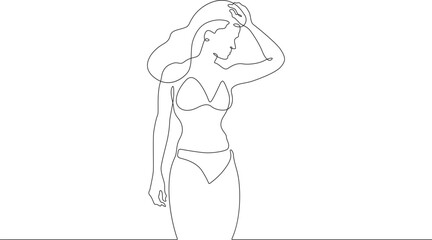 Beautiful woman standing in water. Girl in swimsuit entering sea. Vacation at resort.One continuous line. Line art. Minimum one line. White background. One line drawing.