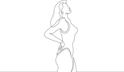 Beautiful woman standing in water. Girl in swimsuit entering sea. Vacation at resort.One continuous line. Line art. Minimum one line. White background. One line drawing.