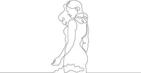 Beautiful woman standing in water. Girl in swimsuit entering sea. Vacation at resort.One continuous line. Line art. Minimum one line. White background. One line drawing.
