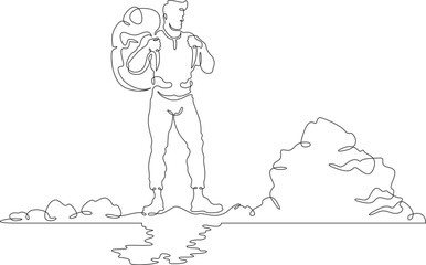 Tourist with a backpack. A hiker is reflected in water. A man with a backpack on the river bank. One continuous line. Line art. Minimum one line. White background. One line drawing.