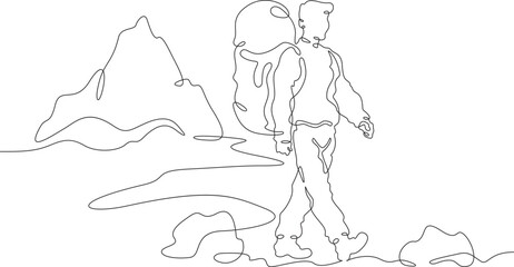 A tourist walks in the mountains. Travel. Mountain climbing .Tourist with a backpack.One continuous line. Line art. Minimum one line. White background. One line drawing.