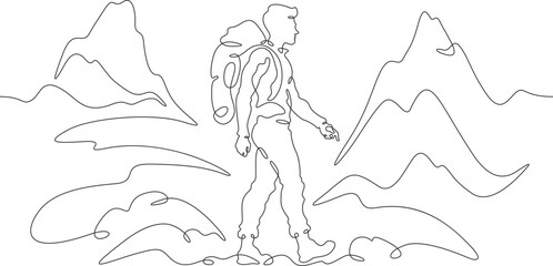 A tourist walks in the mountains. Travel. Mountain climbing .Tourist with a backpack.One continuous line. Line art. Minimum one line. White background. One line drawing.