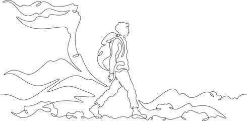 A tourist walks in the mountains. Travel. Mountain climbing .Tourist with a backpack.One continuous line. Line art. Minimum one line. White background. One line drawing.
