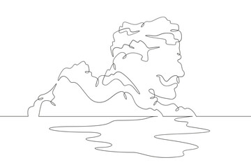 Mysterious islands in the form of a male human head. Head-shaped cliff. Mountain seascape.One continuous line. Line art. Minimum one line. White background. One line drawing.