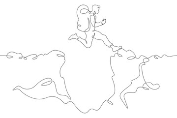 Tourist jumping over the abyss. Jump in the mountains. Mountain climbing .Tourist with a backpack.One continuous line. Line art. Minimum one line. White background. One line drawing.