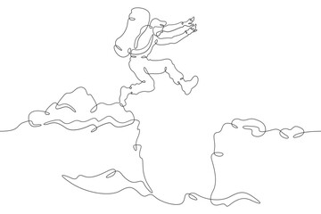 Tourist jumping over the abyss. Jump in the mountains. Mountain climbing .Tourist with a backpack.One continuous line. Line art. Minimum one line. White background. One line drawing.