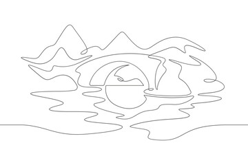 Old across the river. Crossing the lake. Stone bridge on the pond. Water landscape. One continuous line. Line art. Minimum one line. White background. One line drawing.