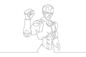 Robot with raised arm. Clenched fist of mechanical man. Robot android gesture of victory and fight. One continuous line. Line art. Minimum one line. White background. One line drawing.