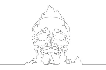 Rock in the shape of a skull. Yacht near the sea cliff. Ship. Skull.Mountain seascape.One continuous line. Line art. Minimum one line. White background. One line drawing.