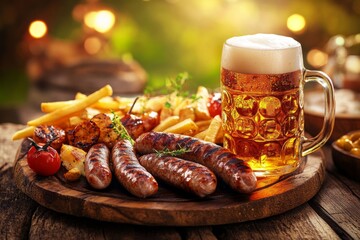 Glow of Bavarian Beer Festival: Delicious Roast Sausages with Fries and a Foaming Beer Stein on a Wooden Table Amidst Warm Night Lights and Festive Vibe