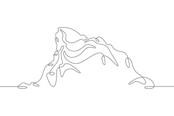 The cliff is beautiful. High rocky ledge. Mountain landscape. Rock logo.One continuous line. Line art. Minimum one line. White background. One line drawing.