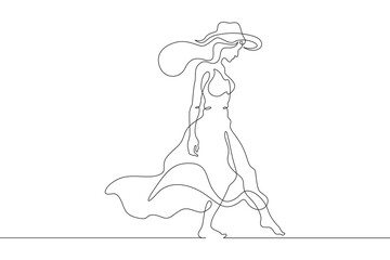 Woman on the beach in a big hat. Girl in a summer cape on the seashore.One continuous line. Line art. Minimum one line. White background. One line drawing.