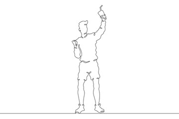 Young woman with a cocktail in hands. Drinking alcohol. Guest holding a glass at a party.One continuous line. Line art. Minimum one line. White background. One line drawing.