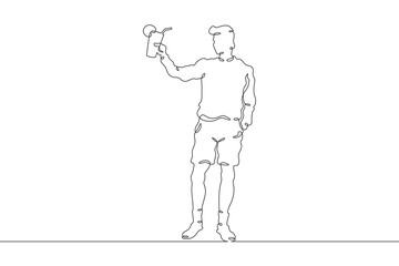 Young woman with a cocktail in hands. Drinking alcohol. Guest holding a glass at a party.One continuous line. Line art. Minimum one line. White background. One line drawing.