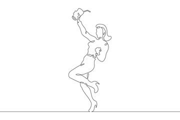 Young woman with a cocktail in hands. Drinking alcohol. Guest holding a glass at a party.One continuous line. Line art. Minimum one line. White background. One line drawing.