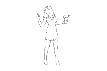 Young woman with a cocktail in hands. Drinking alcohol. Guest holding a glass at a party.One continuous line. Line art. Minimum one line. White background. One line drawing.