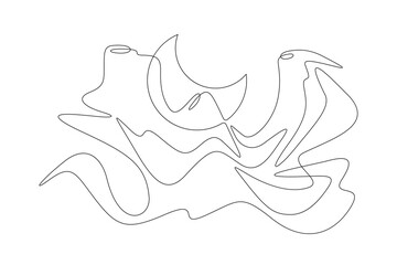 Night in mountains.Crescent in the sky.High mountains. Mountain landscape. Moon in the mountains. Nature logo. One continuous line. Line art. Minimum one line. White background. One line drawing.