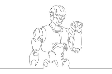 Robot with raised arm. Clenched fist of mechanical man. Robot android gesture of victory and fight. One continuous line. Line art. Minimum one line. White background. One line drawing.
