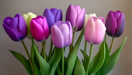 Fototapeta premium 3D textured relief painting of colorful tulips on a gray background