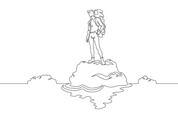 Tourist with a backpack. A hiker is reflected in water. A man with a backpack on the river bank. One continuous line. Line art. Minimum one line. White background. One line drawing.