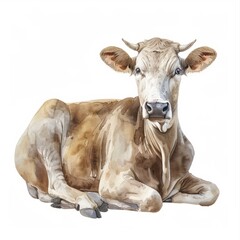 Watercolor painting of a plump cow, on isolated white background