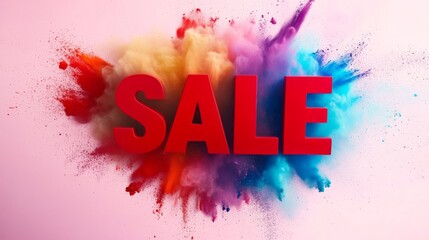 pink background The word "SALE" in bold red letters stands out on top, with bright colored powder scattered around it, creating a vibrant and eye-catching visual effect.