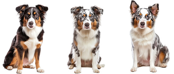 Obraz premium Collection of three dogs sprightly Australian Shepherds set isolated on white background