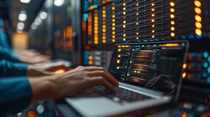 A close-up shot of an engineer's hands performing a software update on a laptop, intricate details of server components, dim server room lighting, sleek modern servers. Sharp focus, high clarity,