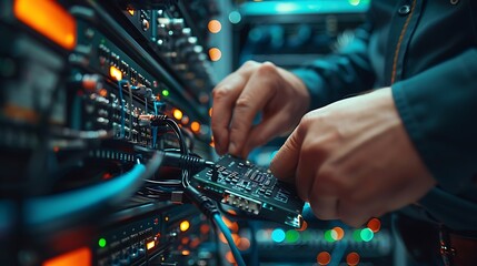 A close-up shot of an engineer's hands replacing a faulty hard drive, intricate details of connectors and drive bays, dim server room lighting, sleek modern servers. Sharp focus, high clarity,