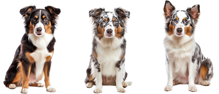 Collection of three dogs sprightly Australian Shepherds set isolated on white background