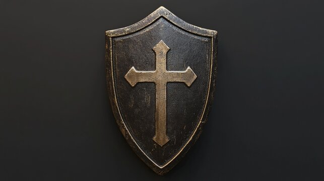 A medieval shield with a golden cross on a black background.