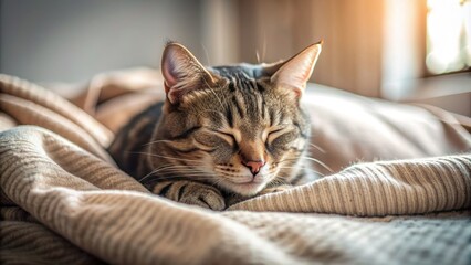 Closeup of a domestic cat peacefully sleeping on a cozy bed in a bedroom , cat, pet, sleeping, bed, domestic, cozy, peaceful