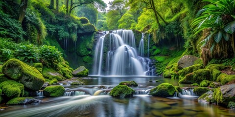 Fototapeta premium A tranquil waterfall nestled among lush greenery, adorned with moss-covered rocks and trees, waterfall, greenery, nature, serene