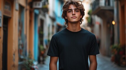 Fototapeta premium Various mockups of a young male in a black t-shirt on a street, showcasing casual fashion and print design, isolated on transparent background, Generative AI